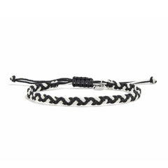 Friendship Woven Bracelet black and white braided cord with adjustable knot and silver charm