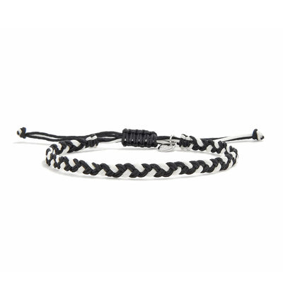 Friendship Woven Bracelet black and white braided cord with adjustable knot and silver charm