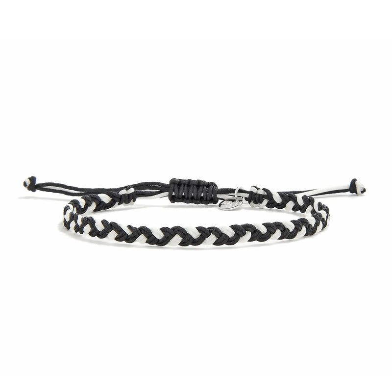 Friendship Woven Bracelet black and white braided cord with adjustable knot and silver charm