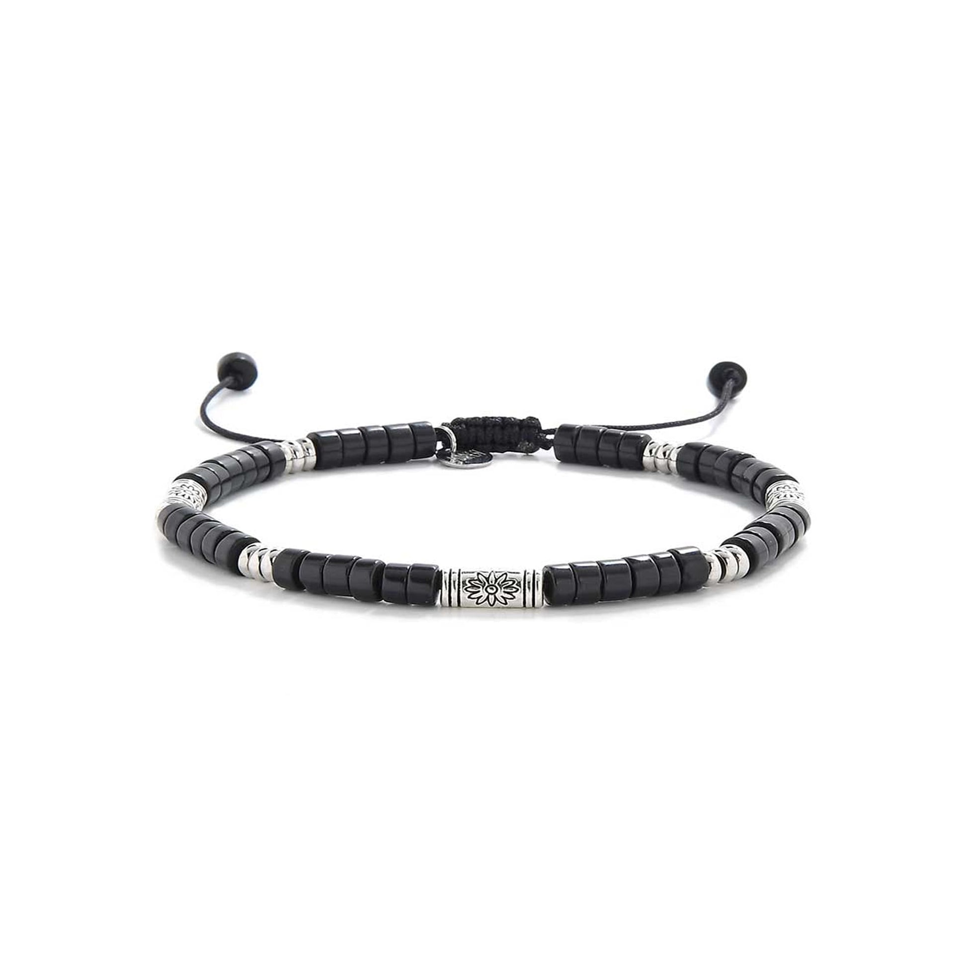 Full circular layout of mens black bead bracelet with silver-tone details