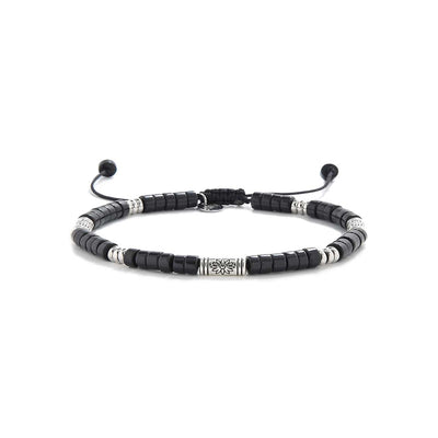 Full circular layout of mens black bead bracelet with silver-tone details