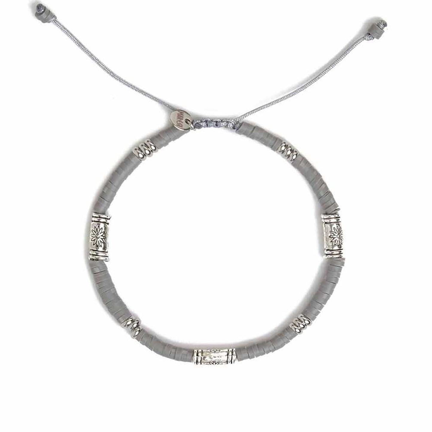 Flat-lay view of gray shamballa bracelet with silver accent spacers and adjustable cord