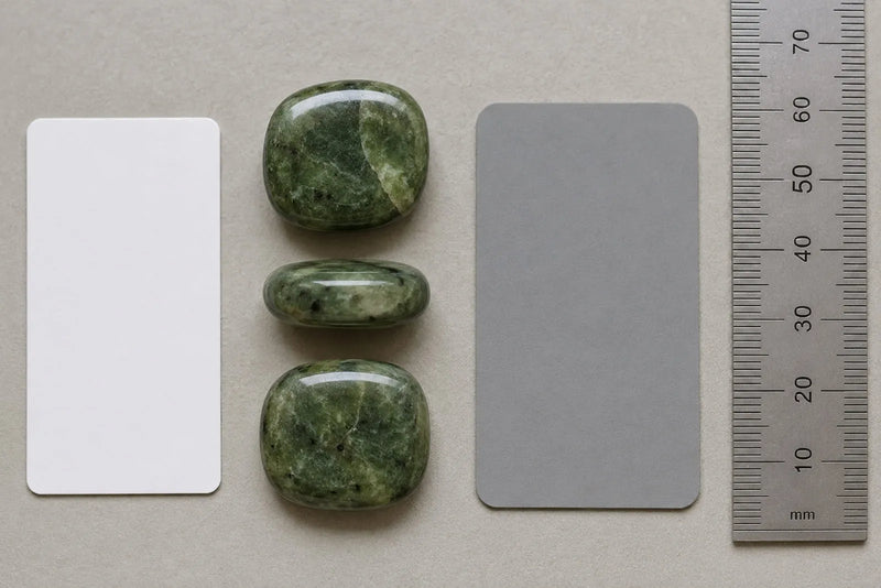 Green stone identification using white and gray reference cards and a millimeter ruler