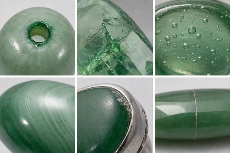 Green stones identification signs showing dye around a drill hole, filled fractures, bubbles, flow lines, coating wear and a seam
