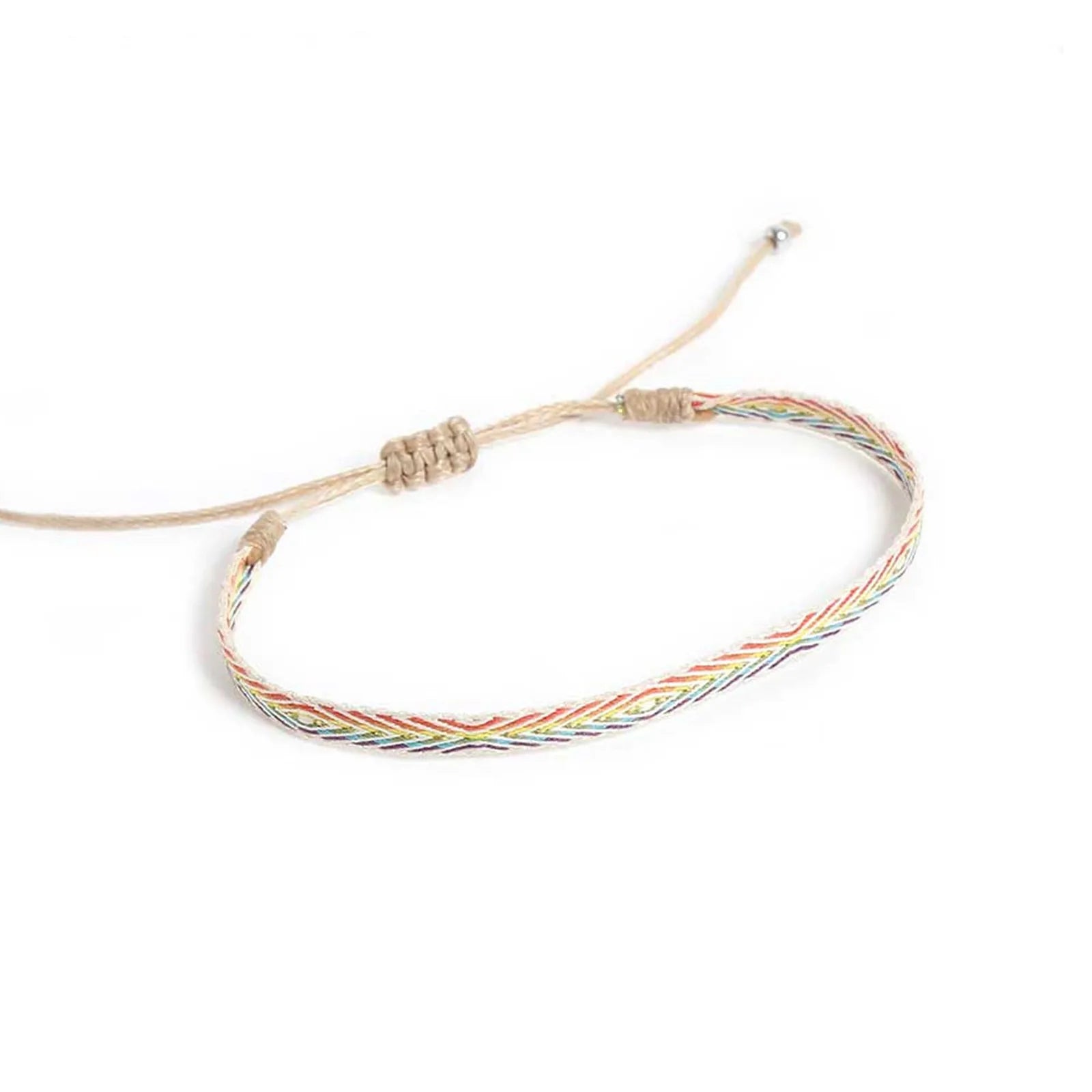 Handmade Bracelets shown from above with white rainbow band and sliding knot cord closure