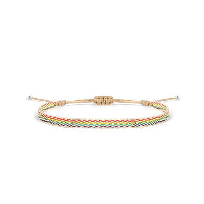 Handmade Bracelets style in white with rainbow chevron pattern, beige cord, and silver bead ends