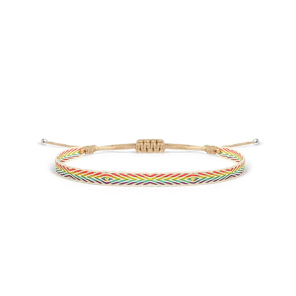 Handmade Bracelets style in white with rainbow chevron pattern, beige cord, and silver bead ends