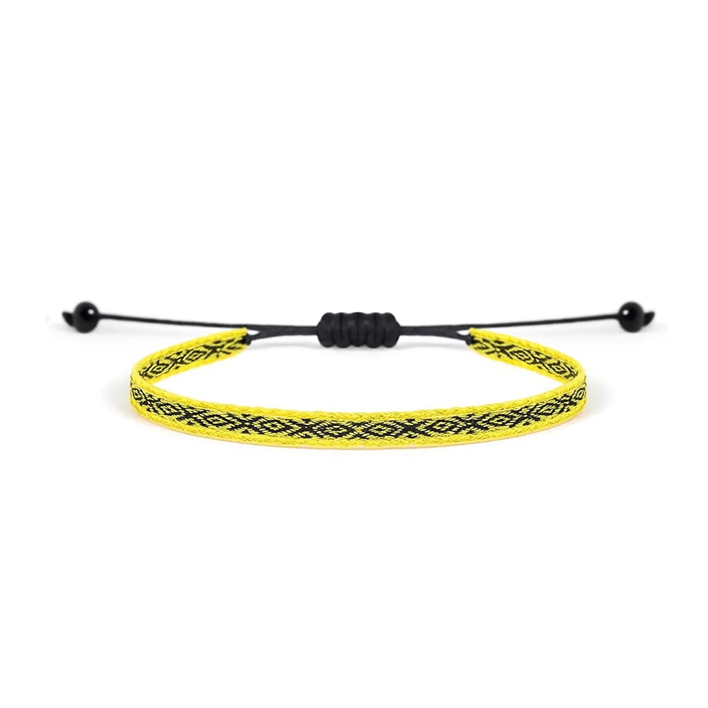 Handmade Mens Bracelets style in yellow with black woven pattern, black cord, and bead ends