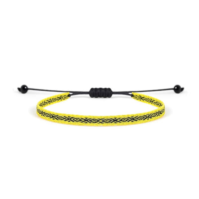 Handmade Mens Bracelets style in yellow with black woven pattern, black cord, and bead ends