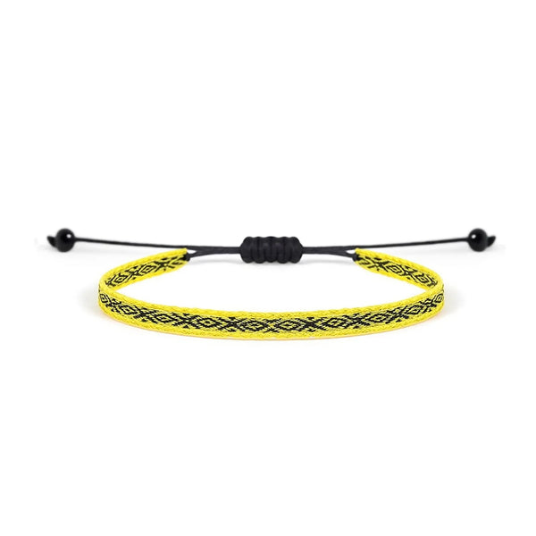 Handmade Mens Bracelets style in yellow with black woven pattern, black cord, and bead ends