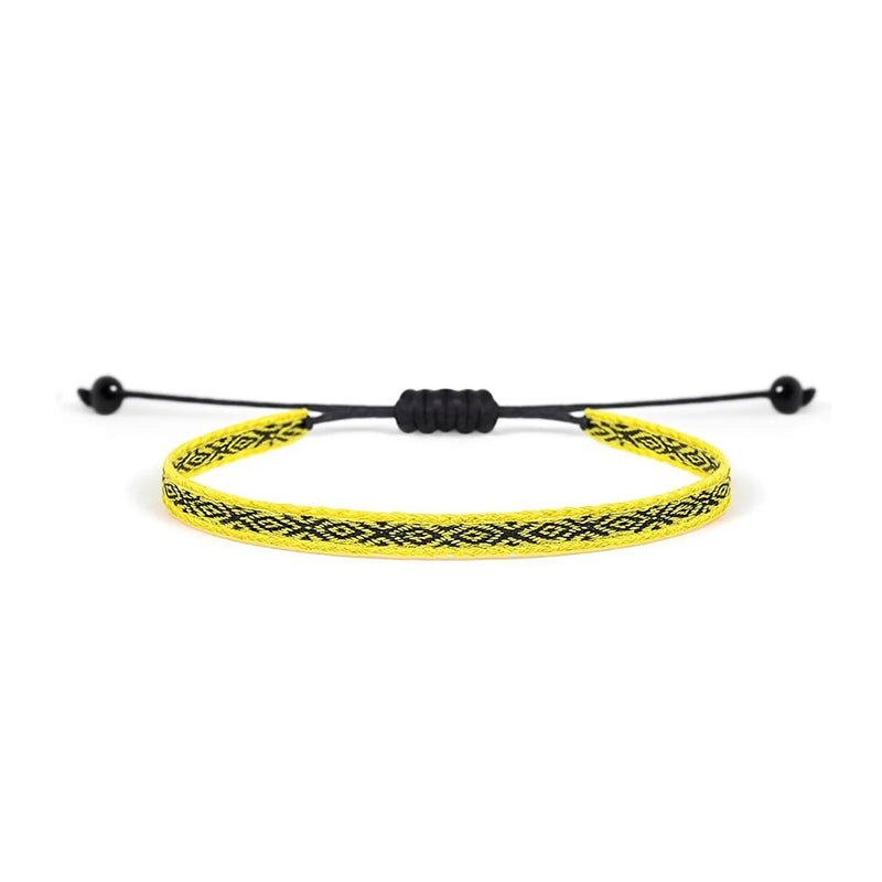 Handmade Mens Bracelets style in yellow with black woven pattern, black cord, and bead ends