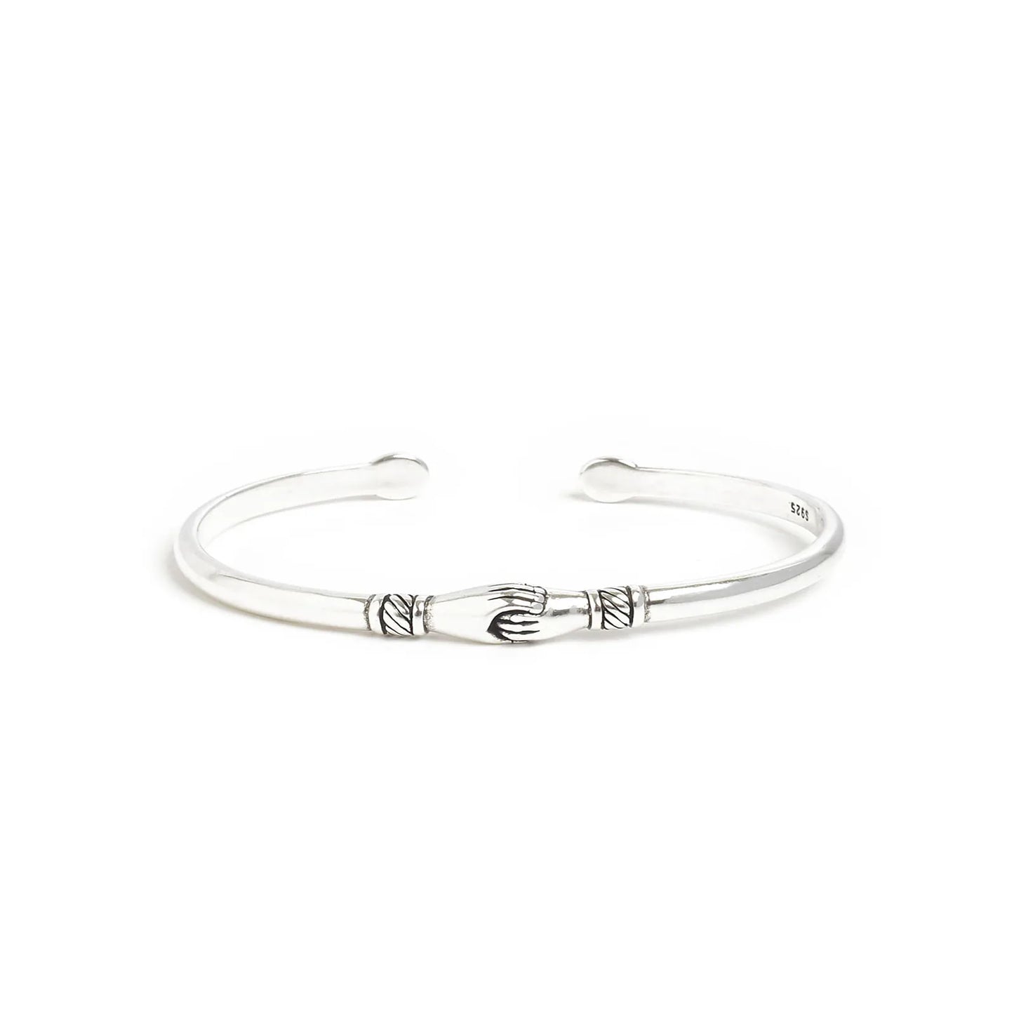 handshake bracelet with handshake centerpiece, polished band, and engraved accents