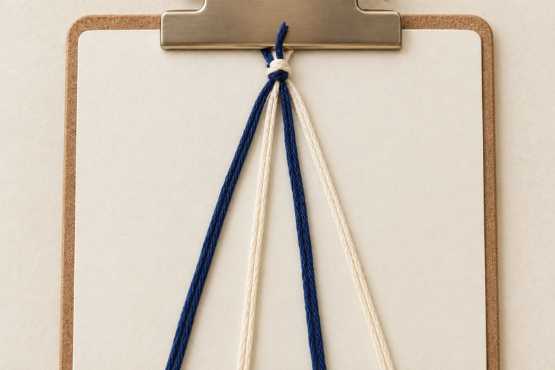 Four friendship bracelet strings secured to a clipboard in navy, cream, navy, cream order