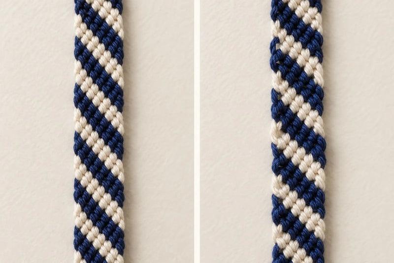 Two close-up views of navy and cream thread patterns in a friendship bracelet
