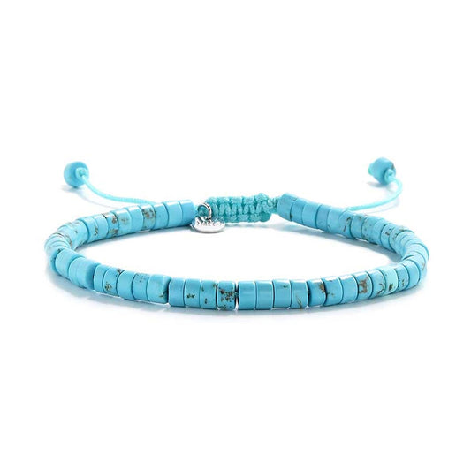 Front view of the Kavos clay beads bracelet with ocean-inspired blue tones