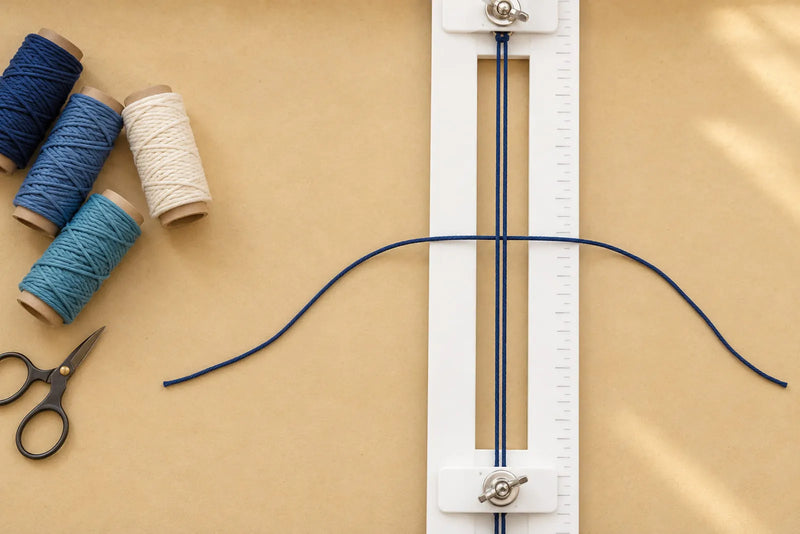 Knotted bracelet setup with navy cords on a knotting board beside scissors and blue and cream cord spools.