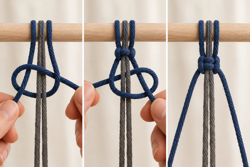 Three-panel knotted bracelet sequence showing navy working cords looped and tightened around gray center cords.