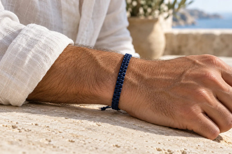 Slim navy knotted bracelet worn on a wrist beside a rolled white sleeve, with the sea in the background.