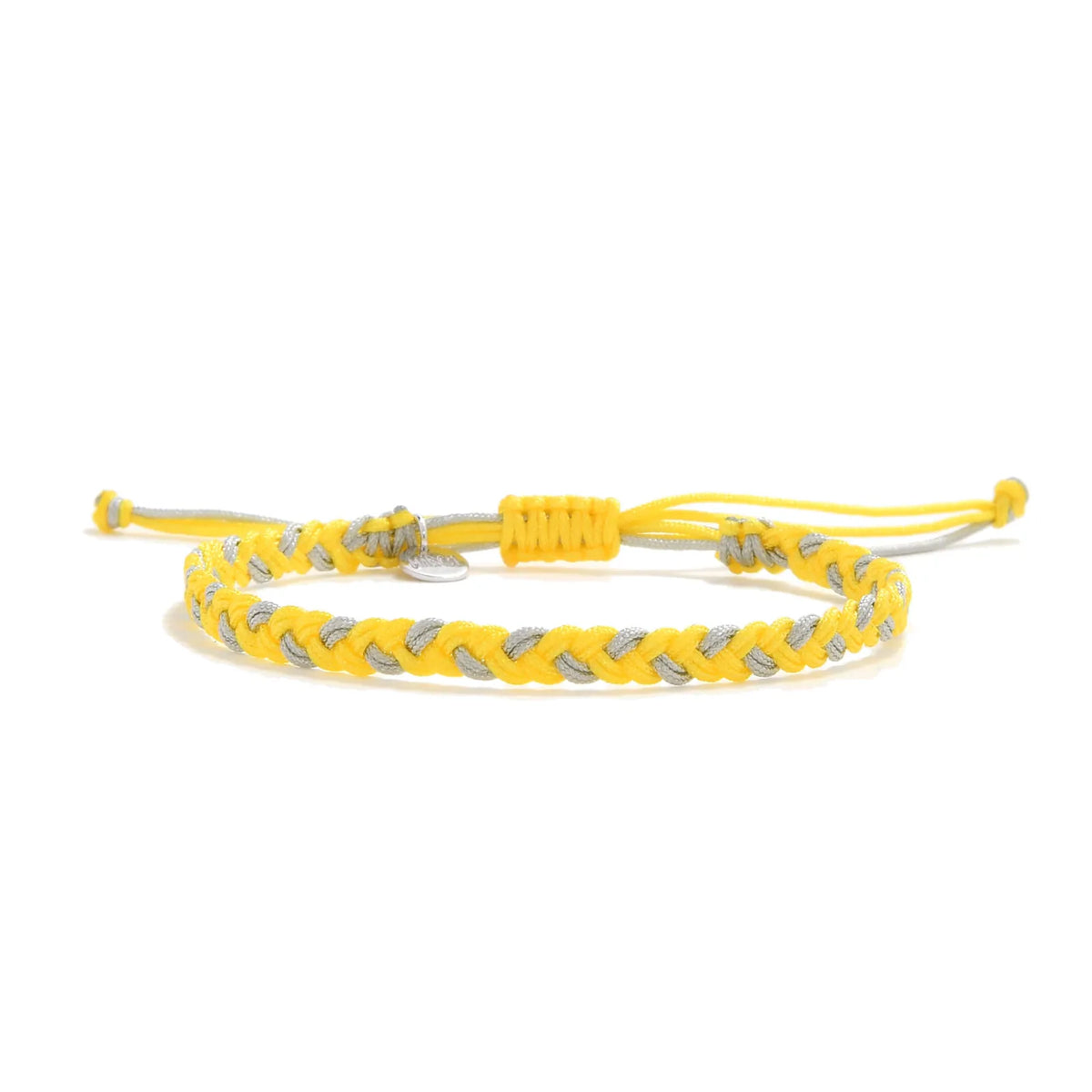 Liamone yellow friendship bracelet with yellow and gray braided cord and a yellow sliding knot on a white background.