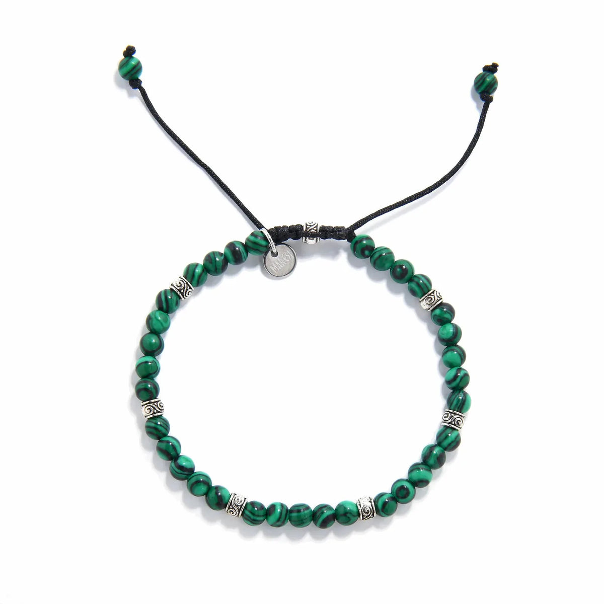 malachite bracelet adjustable with cord closure and metal charm