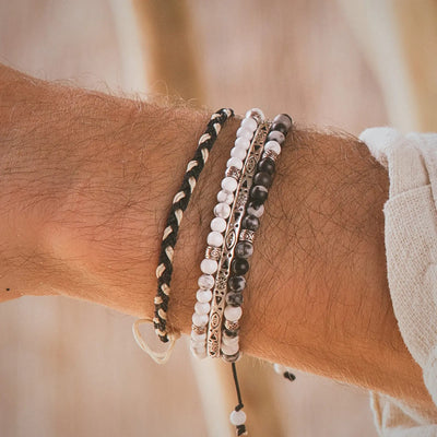 Male Silver Bracelet bracelet worn on wrist with stone beads and metal accents