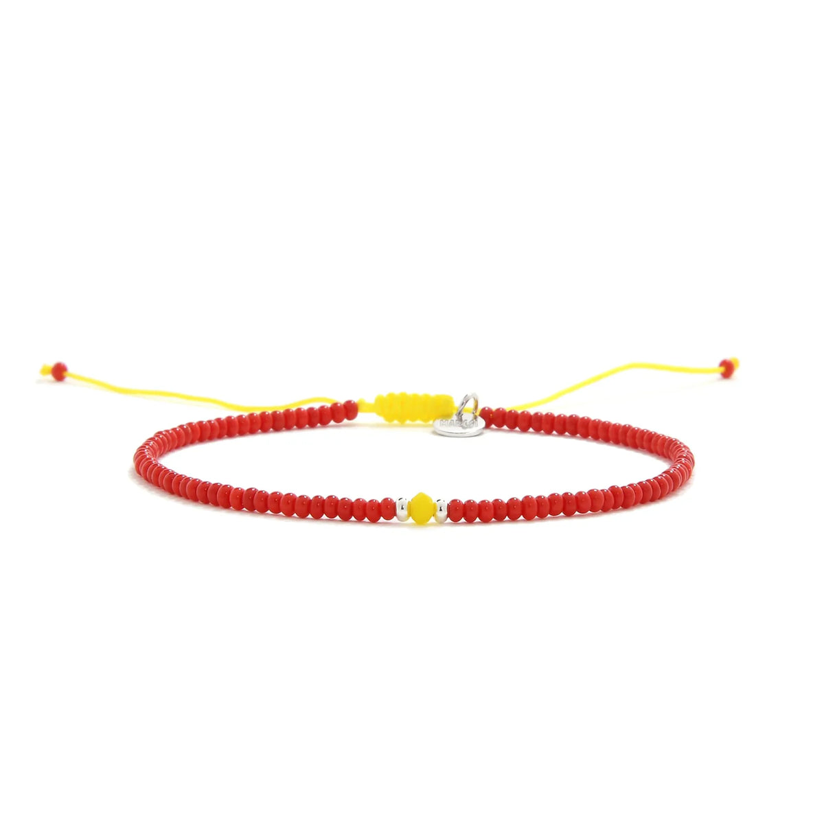Man Bracelet Beads shown in full view with red seed beads with yellow accent beads and adjustable cord