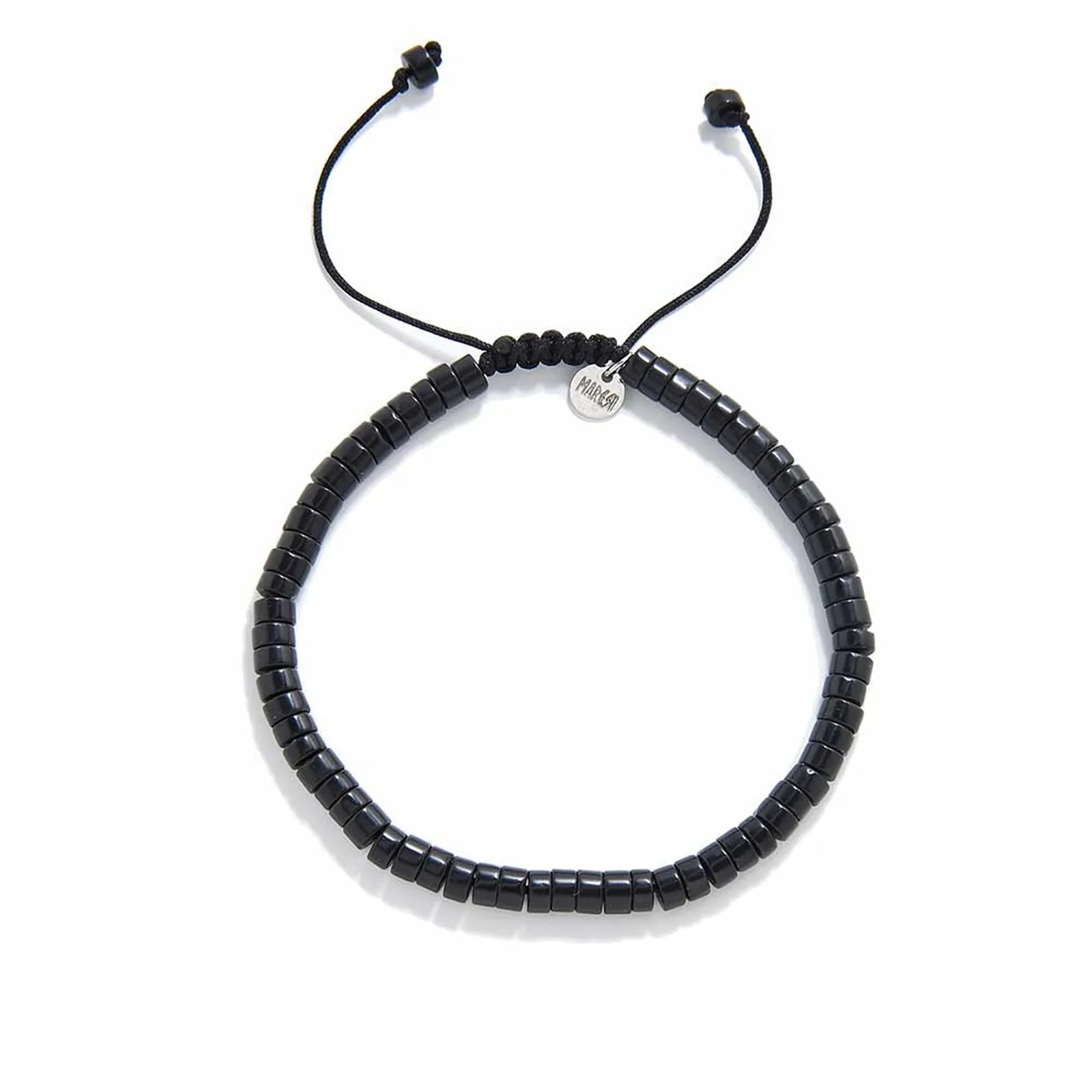 matte black bracelet shown from above with matte black clay beads with silver charm and round bracelet shape
