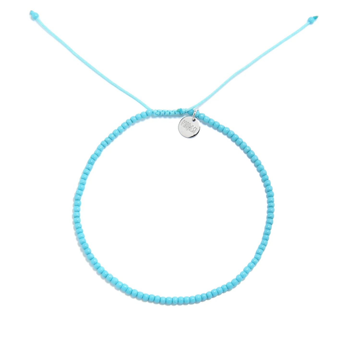 Mens Beaded Bracelets shown from above with turquoise seed beads with silver charm and round bracelet shape