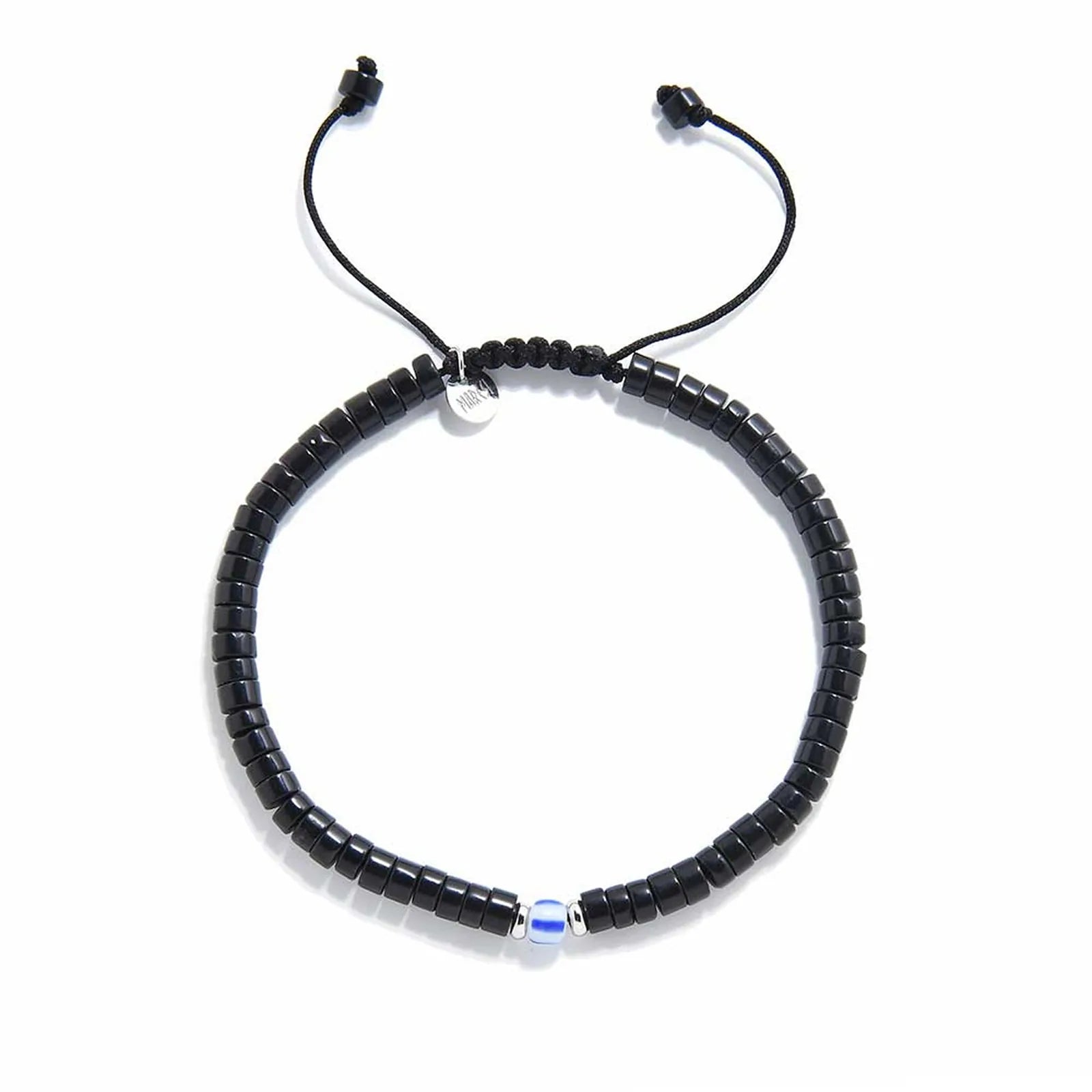 Mens Black Pearl Bracelet shown from above with matte black clay beads with blue accent bead and round bracelet shape