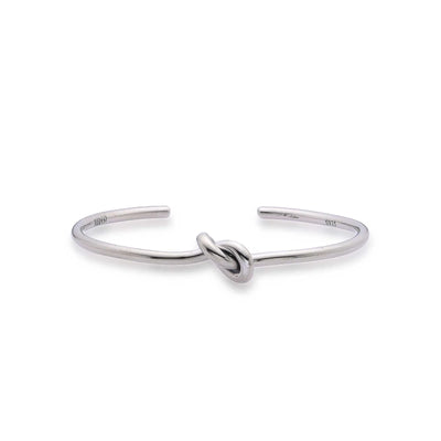 Mens Cuff Bracelets with polished open band, center knot detail, and stamped inner ends