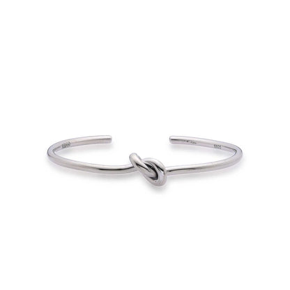Mens Cuff Bracelets with polished open band, center knot detail, and stamped inner ends