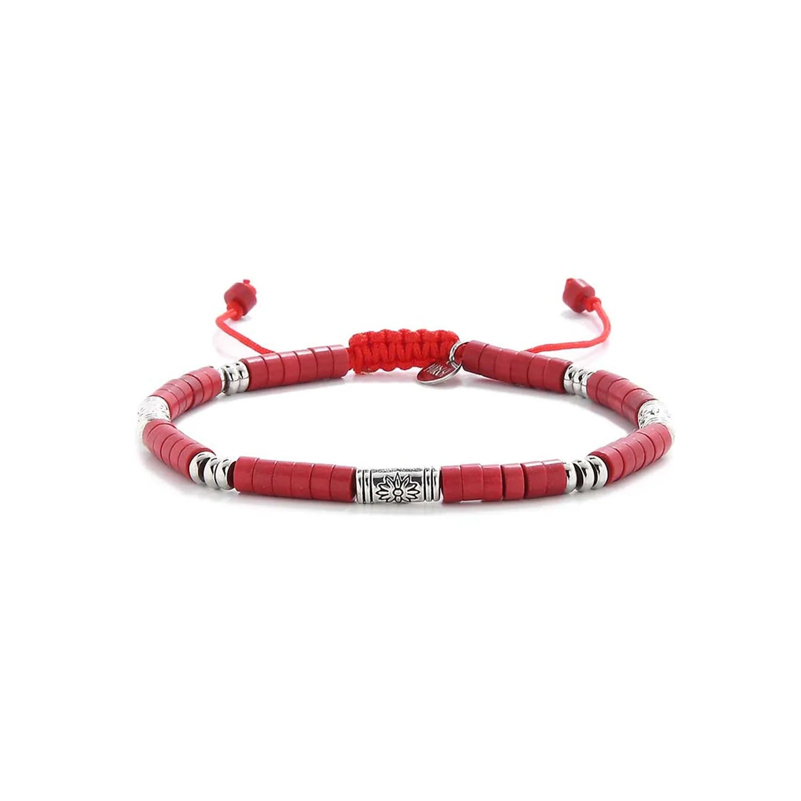 mens red bracelet shown in full view with red clay beads with engraved silver spacers and adjustable cord