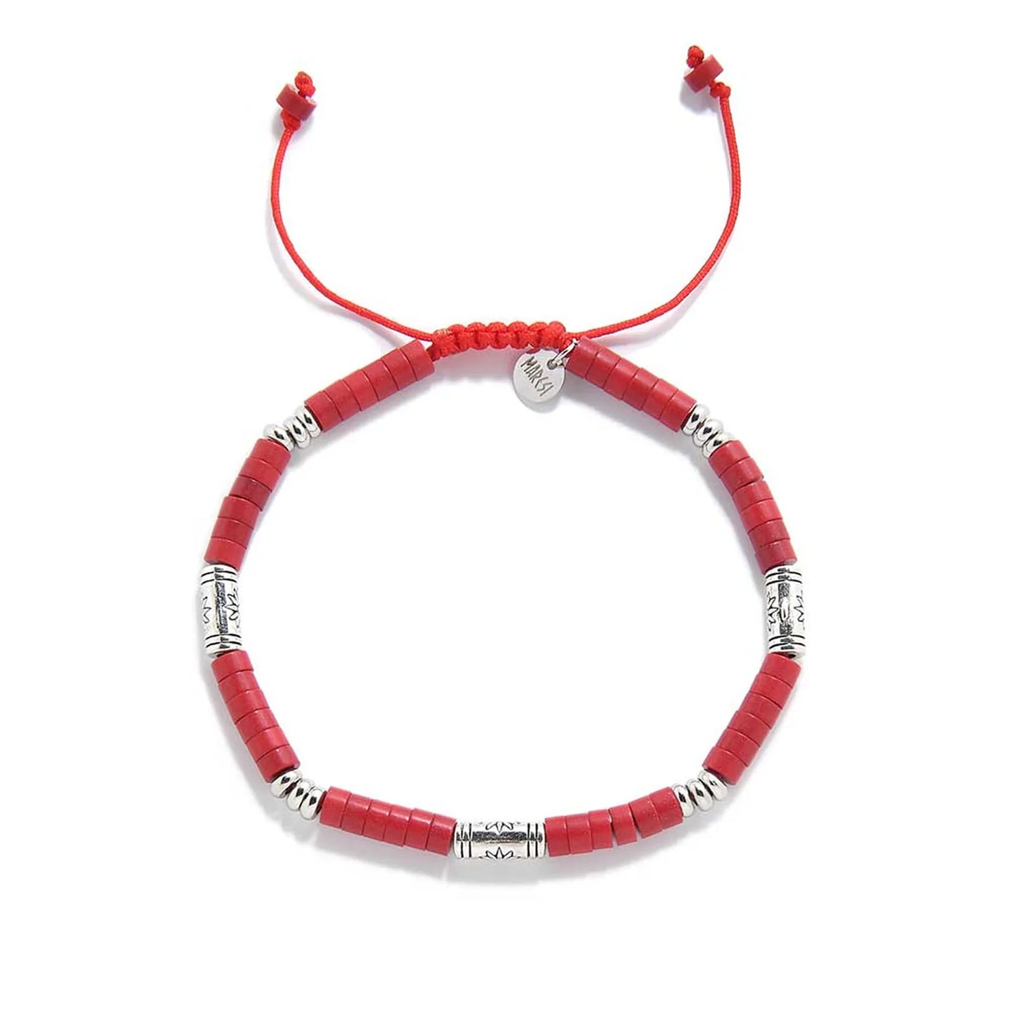 mens red bracelet shown from above with red clay beads with engraved silver spacers and round bracelet shape
