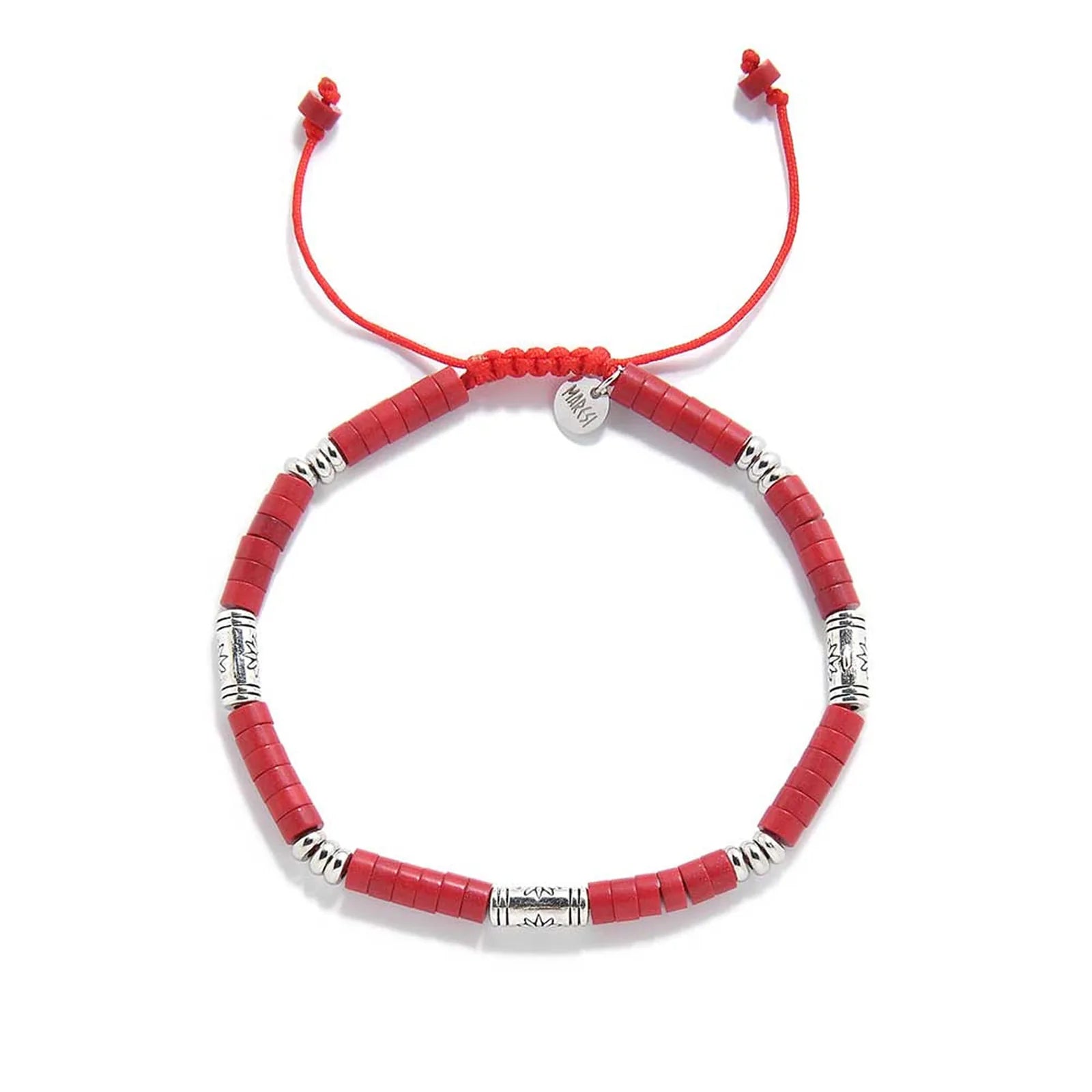 mens red bracelet shown from above with red clay beads with engraved silver spacers and round bracelet shape
