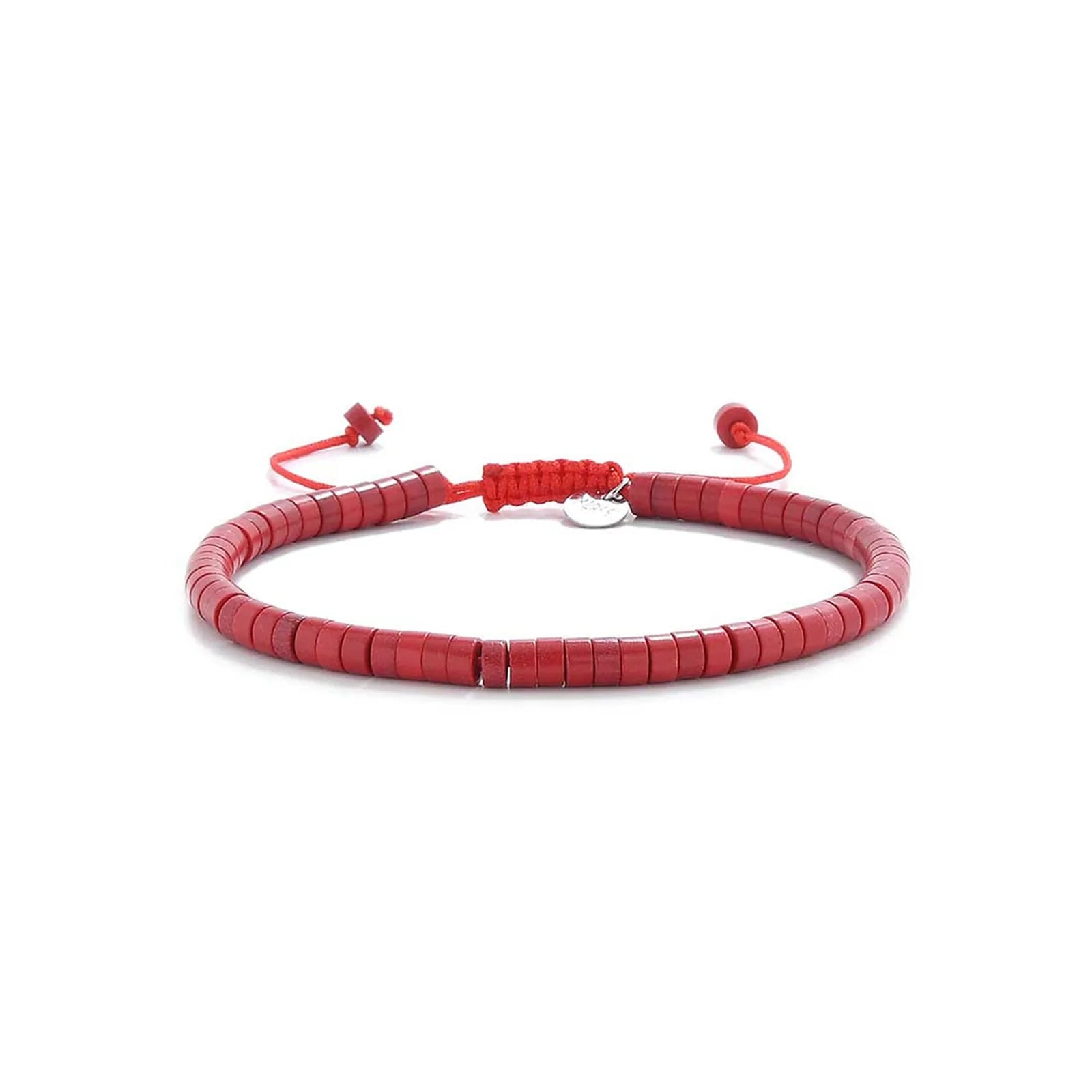 Mens Red String Bracelet shown in full view with red clay beads with silver charm and adjustable cord