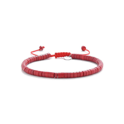 Mens Red String Bracelet shown in full view with red clay beads with silver charm and adjustable cord