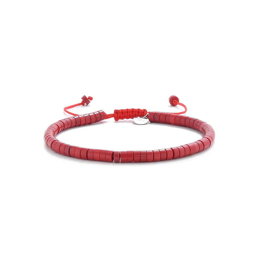 Mens Red String Bracelet shown in full view with red clay beads with silver charm and adjustable cord