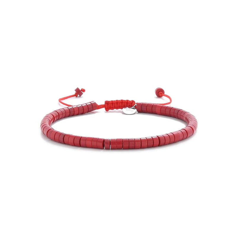 Mens Red String Bracelet shown in full view with red clay beads with silver charm and adjustable cord