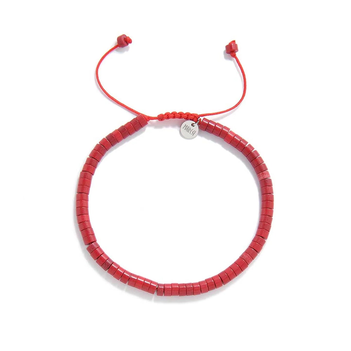 Mens Red String Bracelet shown from above with red clay beads with silver charm and round bracelet shape