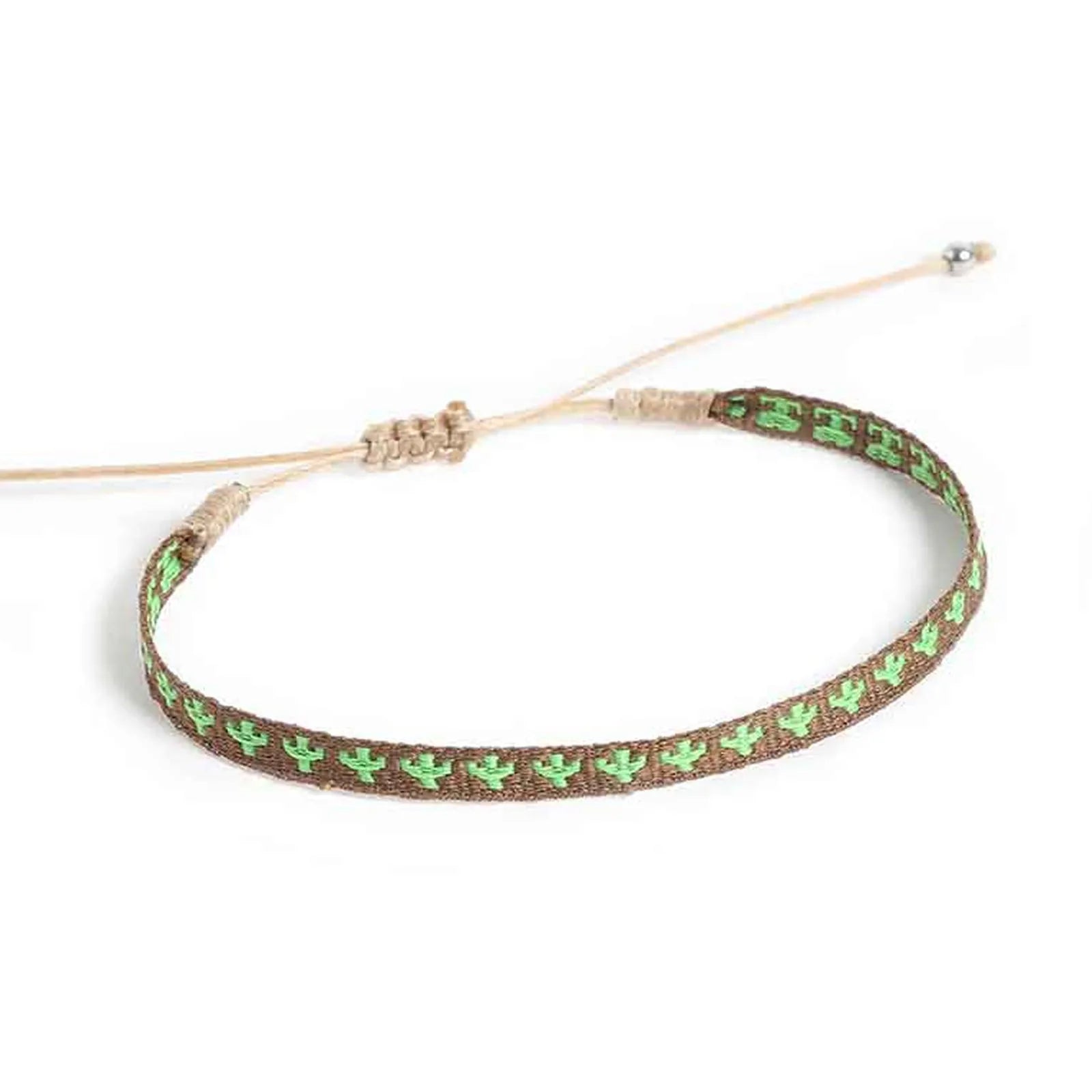 Mens rope bracelet shown from above with green cactus embroidery and sliding knot cord closure