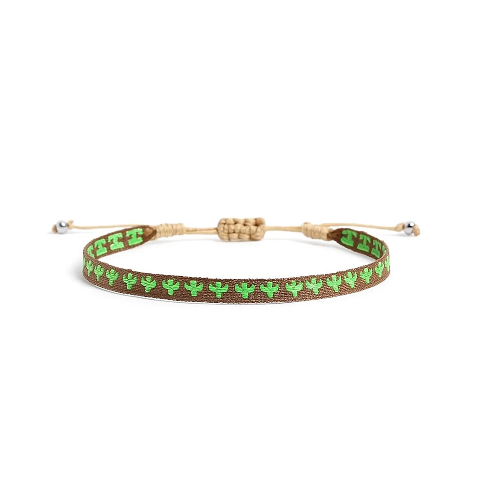 Mens rope bracelet in brown with green cactus pattern, adjustable cord, and silver bead ends