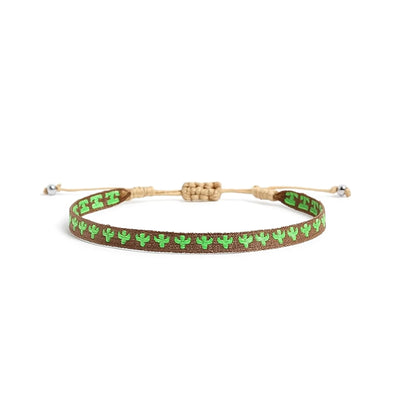 Mens rope bracelet in brown with green cactus pattern, adjustable cord, and silver bead ends
