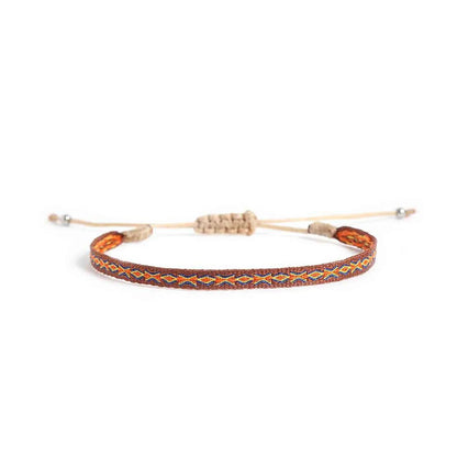 Mens Rope Bracelets style in brown with orange, yellow, and blue woven pattern and bead ends