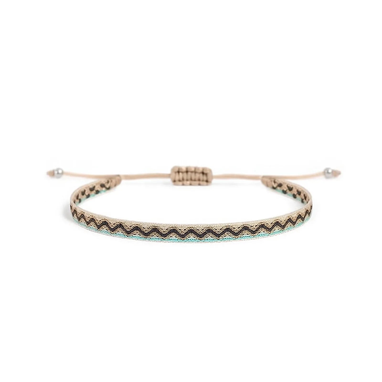 Men's Rope Bracelets style in cream with black zigzag pattern, turquoise edge, and bead ends
