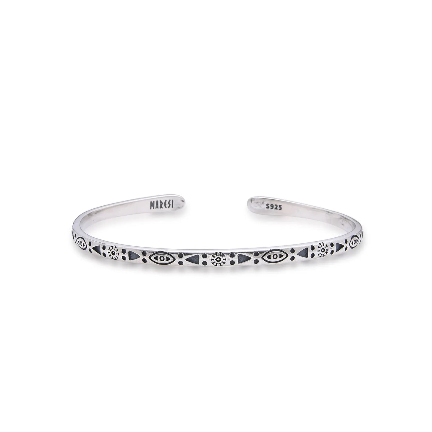 Mens Stainless Steel Bracelets cuff with eye, sun, dot, and triangle engravings on polished band