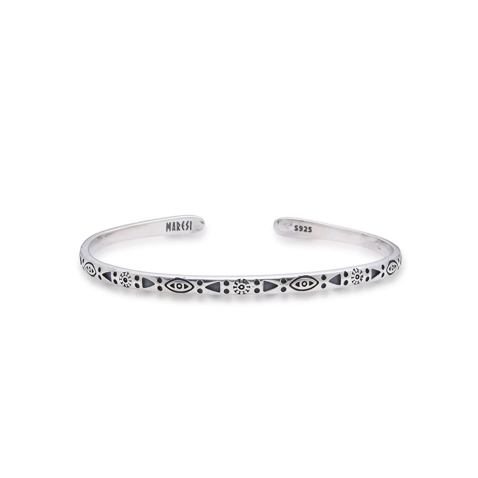 Mens Stainless Steel Bracelets cuff with eye, sun, dot, and triangle engravings on polished band