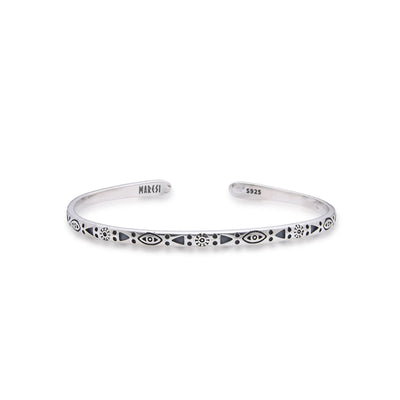 Mens Stainless Steel Bracelets cuff with eye, sun, dot, and triangle engravings on polished band