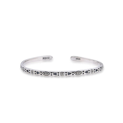 Mens Stainless Steel Bracelets cuff with eye, sun, dot, and triangle engravings on polished band