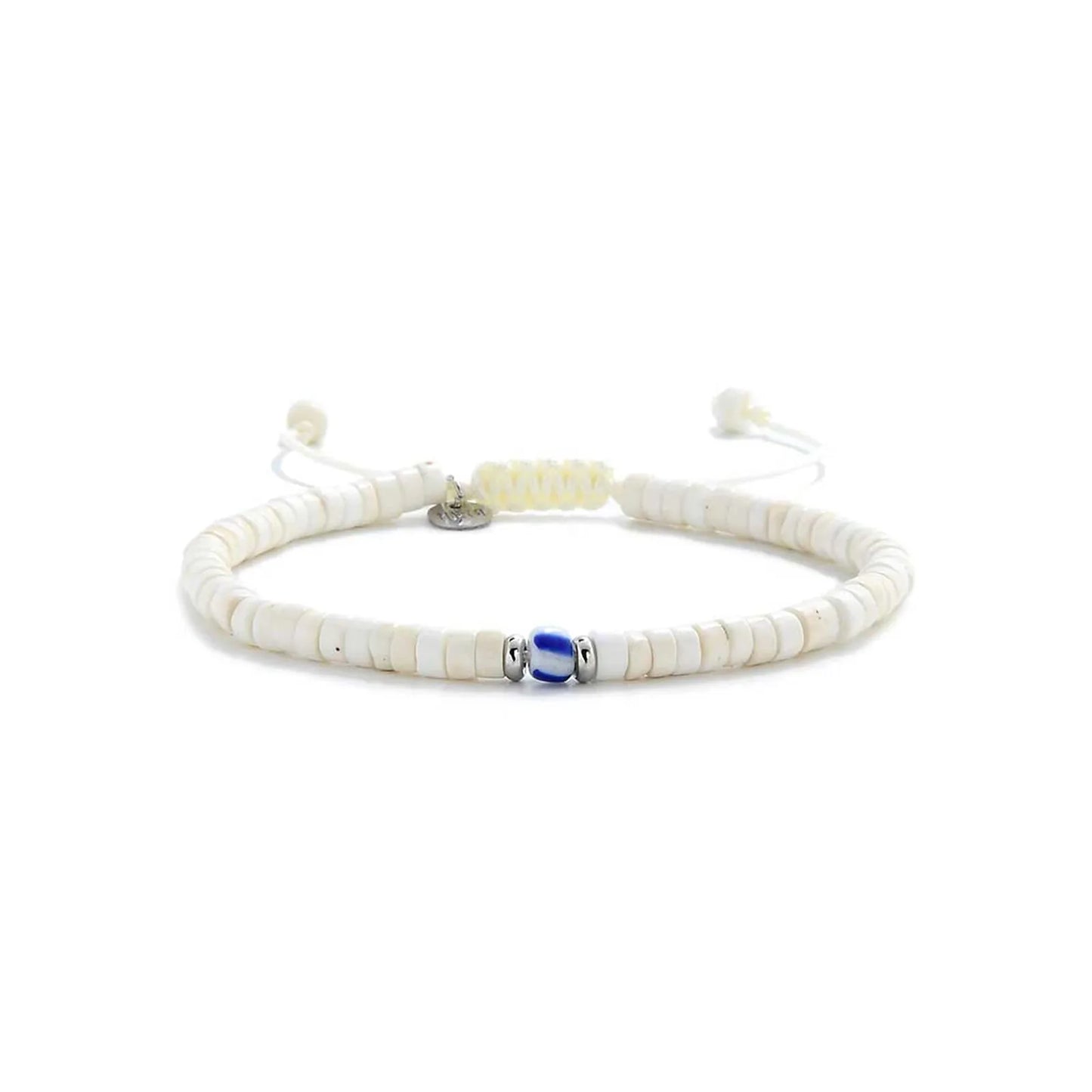 Mens White Bracelet shown in full view with white clay beads with blue accent bead and adjustable cord