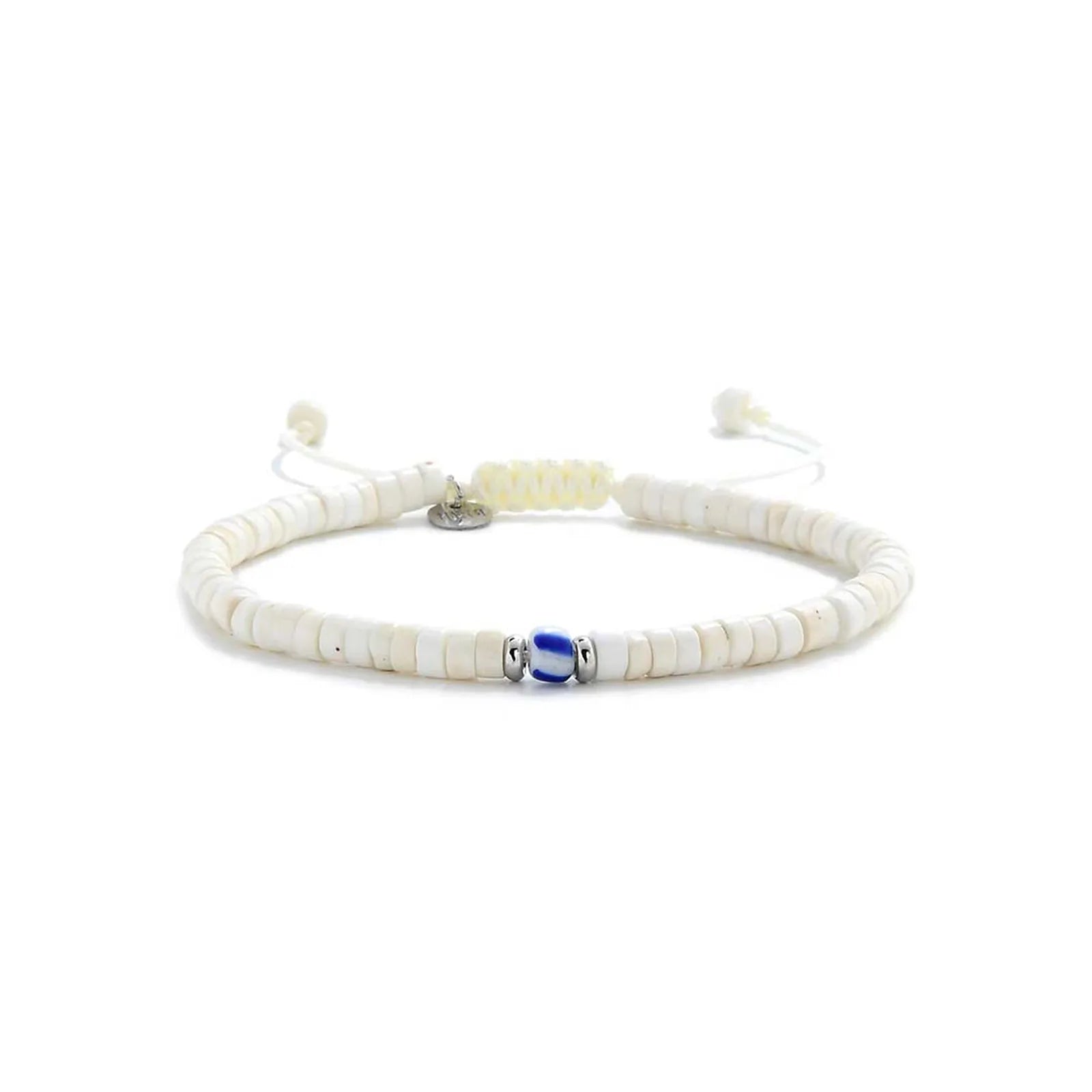 Mens White Bracelet shown in full view with white clay beads with blue accent bead and adjustable cord